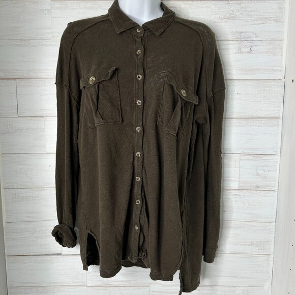 Free People We the Free Womens Penelope Button Down Shirt Army Green Size Small - Picture 2 of 10